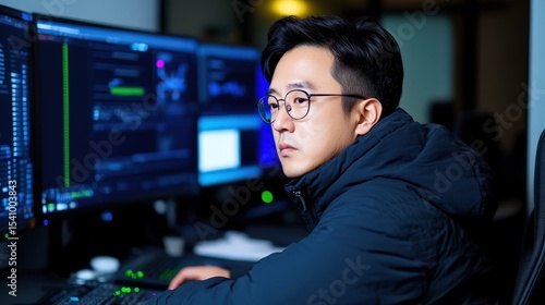 Focused Programmer Working Late at Night on Multiple Monitors