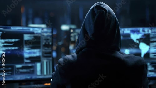 Hacker in Dark Hoodie Analyzing Data on Multiple Computer Screens