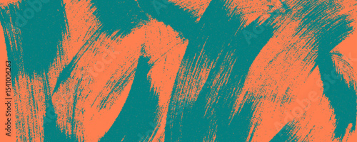 Gritty texture emerald brush strokes on mandarin background. Bold wavy brush strokes. Sand texture bg. Graffiti style trendy banner. Dotted abstract wallpaper. Contemporary stipple effect.