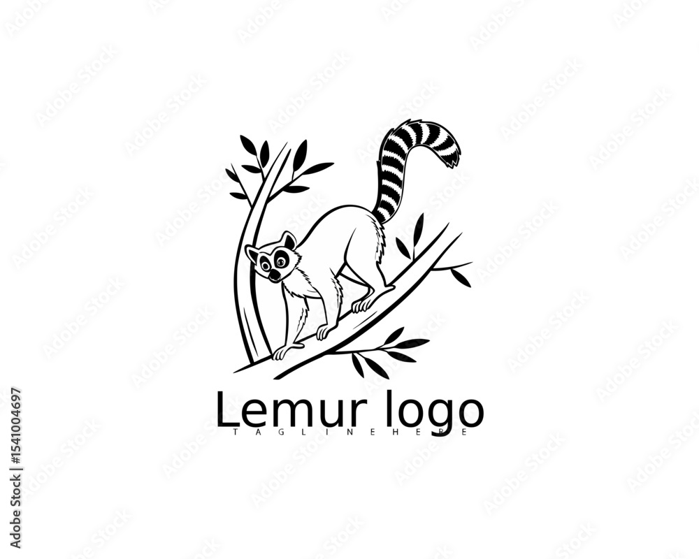 Fototapeta premium Cute jungle lemur mascot logo in circle of leaves, perfect for organic baby packaging, children’s toy lines, and wildlife-themed educational book branding.