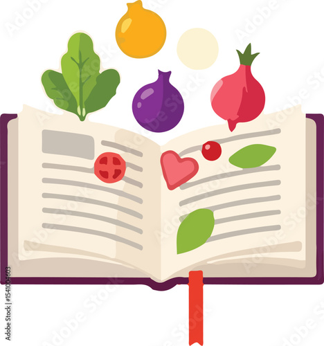 Open cookbook with fresh vegetables such as onion, garlic, leaf, tomato, radish flying out.