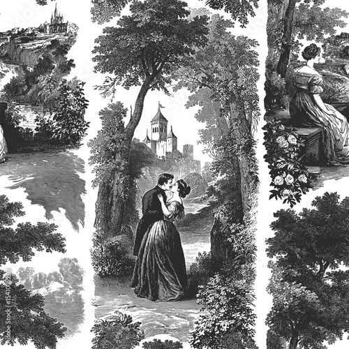 Seamless vector pattern with romantic scenes and European landscapes with castles, forests, hills and valleys. Vintage engraving style illustration.
