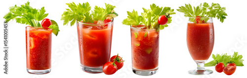 A bold and savory Virgin Mary mocktail made with rich tomato juice, served over ice and garnished with a stalk of celery and cherry tomato. Isolated on transparent background.