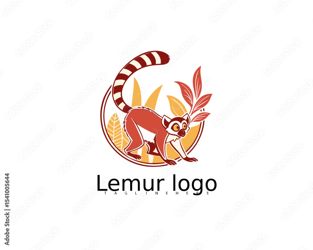 Obraz premium Happy cartoon lemur logo design perched in circle of leaves with wide eyes and striped tail, ideal for eco-friendly children’s product branding, jungle games, or playful identity graphics.