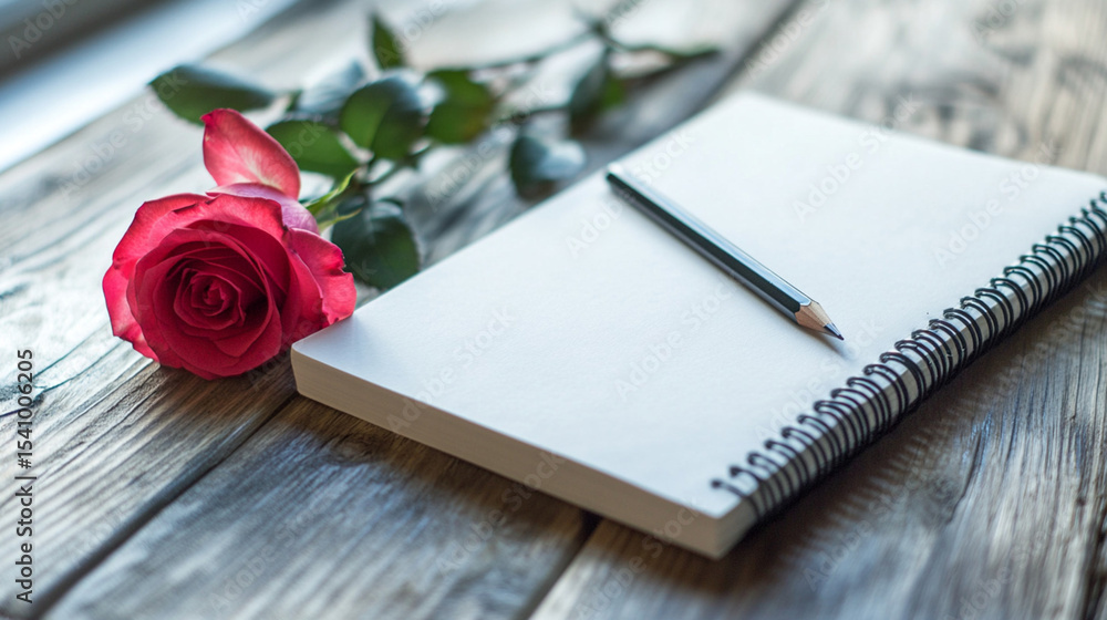 Realistic Mockup of Blank Spiral Notebook with Pencil and Flower, Generative AI Realistic Mockup of Blank Spiral Notebook with Pencil and Flower, Generative AI