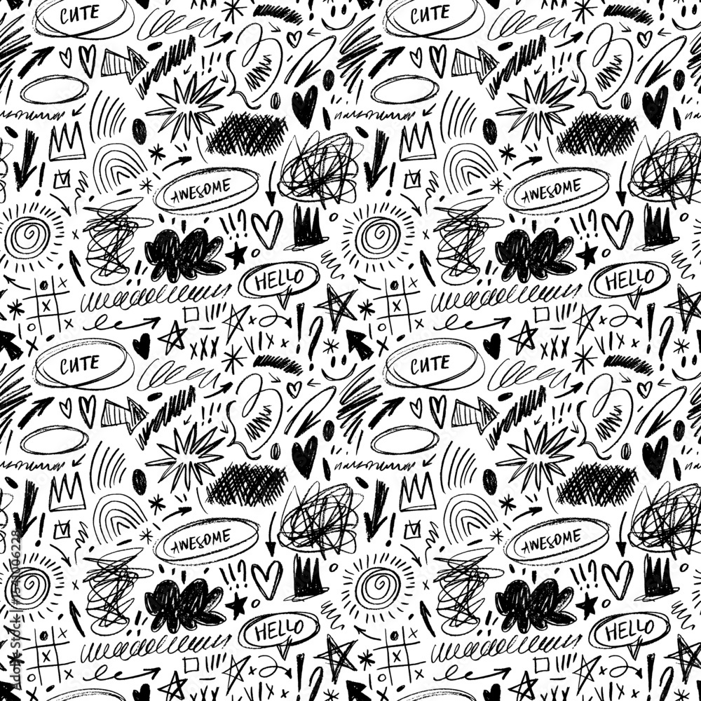 Fototapeta premium Punk doodle seamless pattern with quirky crayon drawn shapes and scribbles.