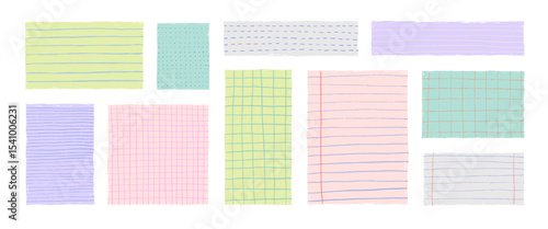 Crayon drawn grid and lines notebook papers and colorful notes. Hand drawn funky stickers with various simple textures. Grid, line and dot patterns. Design of square graph paper, school math sheet.