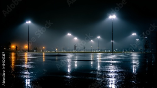 Stadium Lights Reflected on Wet Soccer Field at Night: Atmospheric & Eerie Landscape
