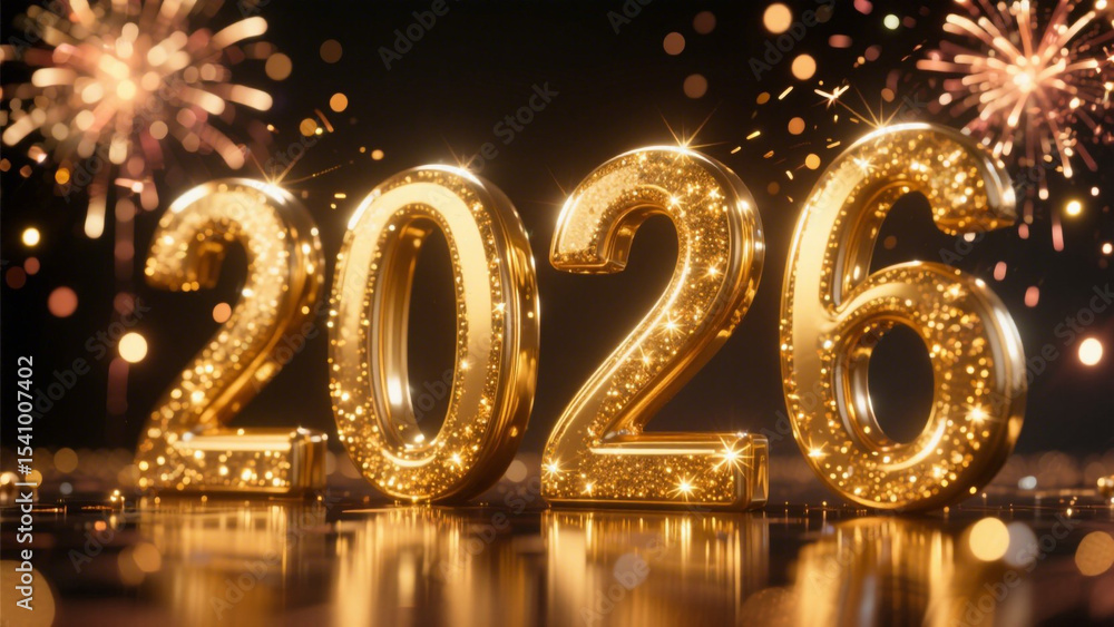 A scene featuring the year 2026 in bold, golden 3D letters with a sparkling, reflective surface. Happy New Year, Happy New Year 2026, Merry Christmas And Happy New Year A scene featuring the year 2026 in bold, golden 3D letters with a sparkling, reflective surface. Happy New Year, Happy New Year 2026, Merry Christmas And Happy New Year