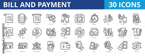 Bill and payment icon pack collection set for business and financial transaction. With bill, invoice, receipt, payment, pay now, due date, overdue, paid, unpaid, balance, total due, refund