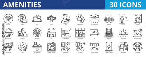 Amenities icon pack collection set for hotel management and public service. With free wifi, parking, pool, gym, spa, pet friendly, air conditioning, heating, elevator, laundry, room service