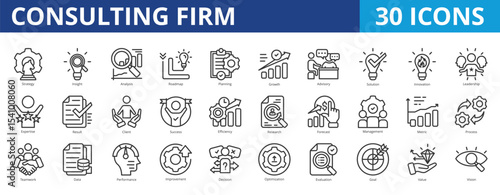 Consulting firm icon pack collection set for business strategy and management coaching. With strategy, insight, analysis, roadmap, planning, growth, advisory, solution, innovation, leadership
