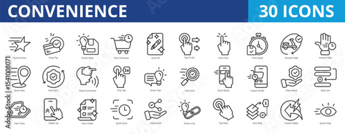 Convenience icon pack collection set for ecommerce and customer service. With quick access, easy pay, smart save, fast checkout, auto fill, tap to go, one click, time saver, smooth ride, instant help