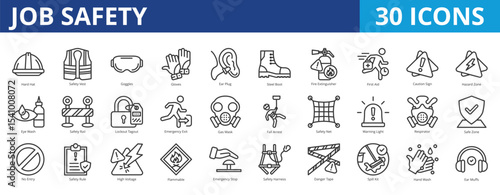 Job safety icon pack collection set for occupational health and safety management. With hard hat, safety vest, goggles, gloves, ear plug, steel boot, fire extinguisher, first aid, caution sign