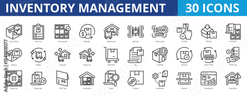 Inventory management icon pack collection set for manufacturing warehouse and supply chain. With stock check, item list, bin location, reorder, distribution, barcode, batch code, picking, packing