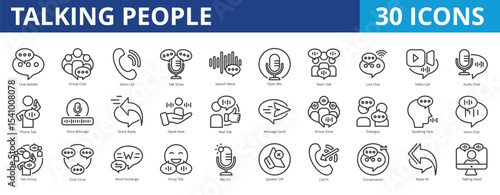 Talking people icon pack collection set for daily conversation and negotiation. With chat bubble, group chat, voice call, talk show, speech wave, open mic, team talk, live chat, video call
