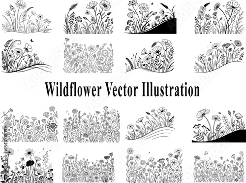 Elegant black and white wildflower vector illustrations for decorative design projects.