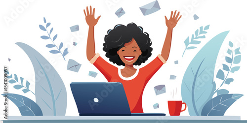 Excited office worker winner using laptop computer celebrating goal achievement. Happy young woman student or employee winning online getting good news in email raising hands feeling euphoric.