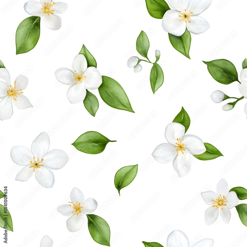 Delicate white flowers and leaves create a repeating pattern. Delicate white flowers and leaves create a repeating pattern.