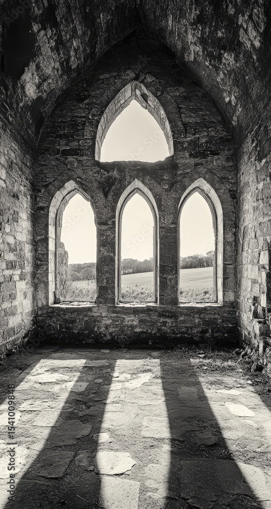 Naklejka premium Ruined chapel interior, arched windows, sunlight