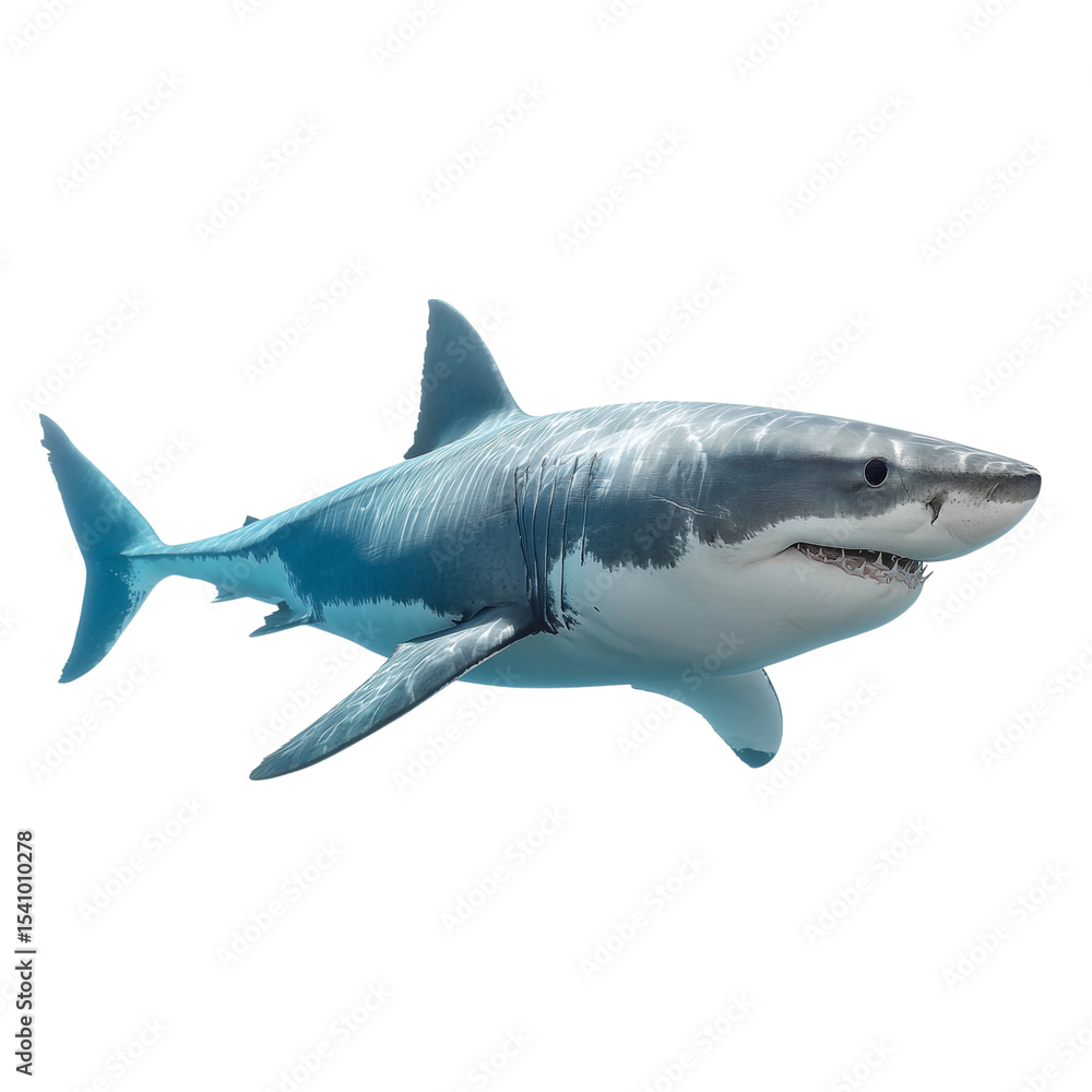 Fototapeta premium Great white shark isolated on white with powerful jaws, a grey predator of the ocean, swimming underwater