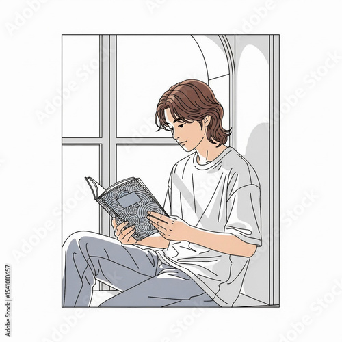 Young man reading by window