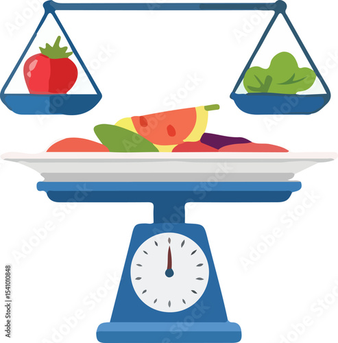 A cartoon scale weighs a tomato and some lettuce, with a plate of food in the middle.