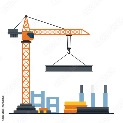 Orange crane lifting a metal beam at a construction site with other building materials.