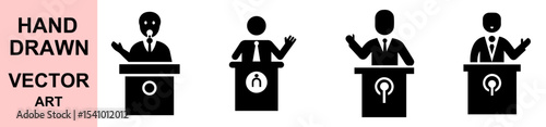 Businessman at podium vector illustration speaking publicly in conference, silhouette icon design, hand drawn politician character for leadership, debate, announcement, presentation concept