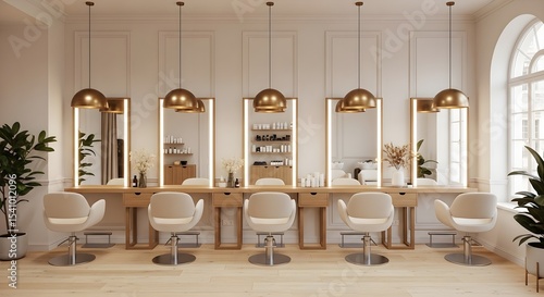 Luxurious Modern Hair Salon Interior with Gold Accents and Bright Lighting Generative AI
