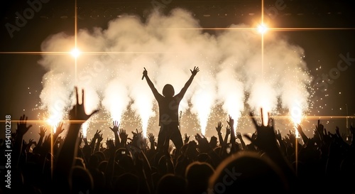 Solo Performer with Arms Raised in Victory Amidst Stage Pyrotechnics and Audience Generative AI