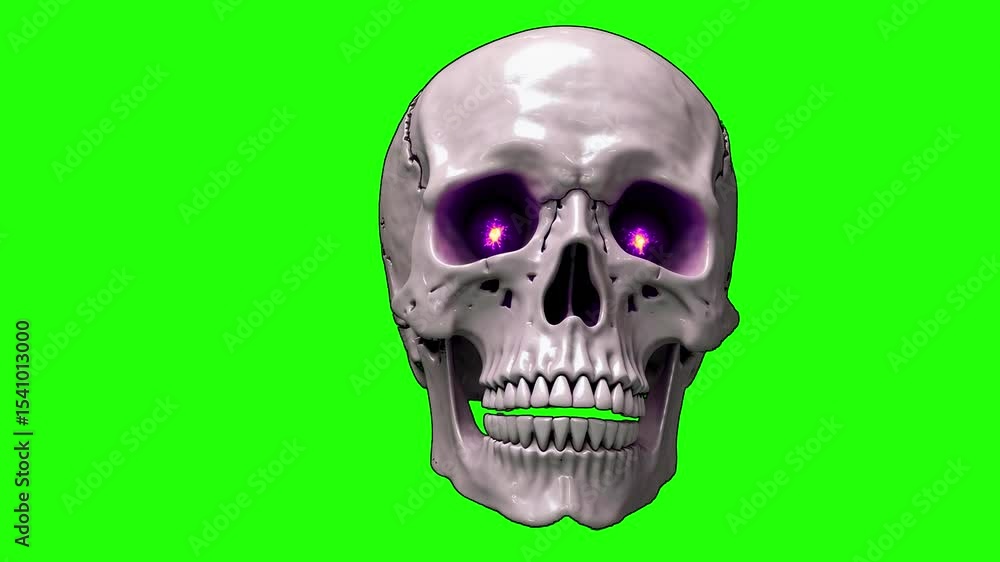 Animated 3D skull with wide, expressive eyes and a moving jaw on a green screen background. Ideal for Halloween videos, spooky overlays, VFX projects, or humorous content with a horror twist. Animated 3D skull with wide, expressive eyes and a moving jaw on a green screen background. Ideal for Halloween videos, spooky overlays, VFX projects, or humorous content with a horror twist.
