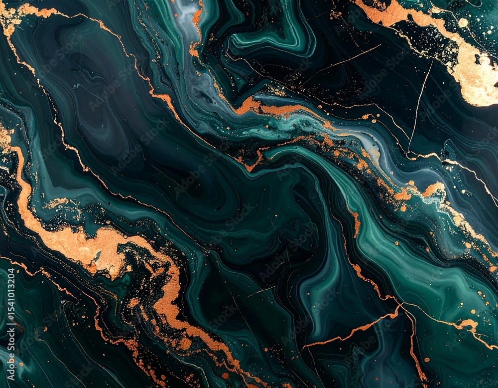 Obraz premium Flowing liquid marble texture in dark navy and deep green tones, with copper and gold