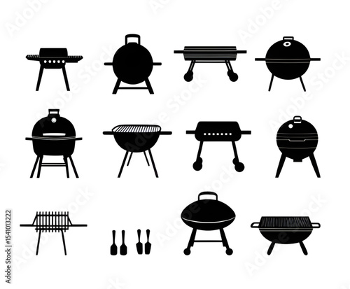 Collection of diverse barbecue grill icons perfect for summer cookouts websites blogs and recipe apps featuring various styles and designs