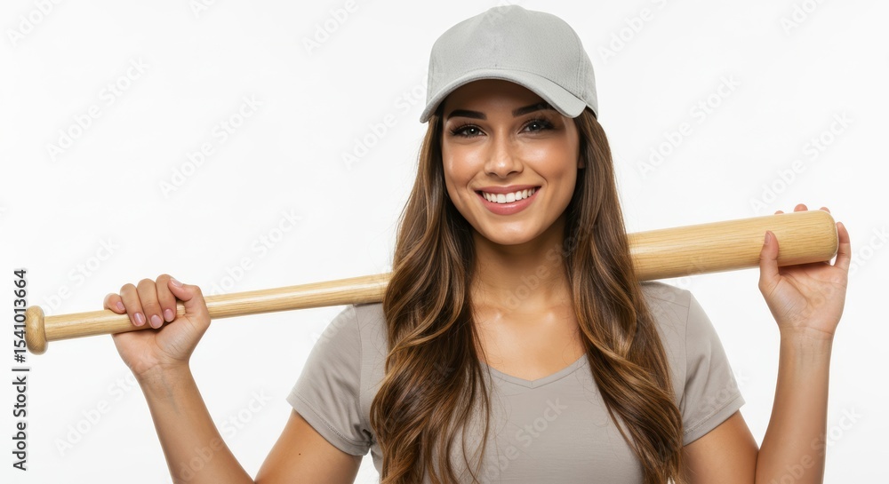 Woman in cap holding baseball bat, sporty apparel, athletic gear, sports equipment, activewear Woman in cap holding baseball bat, sporty apparel, athletic gear, sports equipment, activewear
