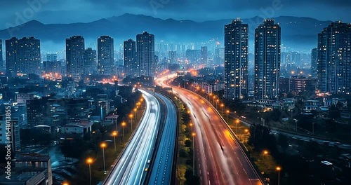 Wallpaper Mural City skyline at dusk with illuminated highway traffic Torontodigital.ca