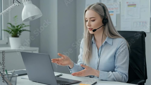 Woman Communicating Online Using Laptop and Headset for Remote Work
