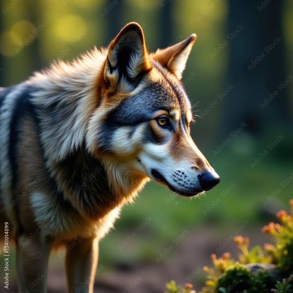Fototapeta premium Gray wolf intently listening to music from portable speaker, scenery, wild, canine