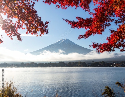 Wallpaper Mural Stunning Autumn Landscape of Mount Fuji Surrounded by Vibrant Red and Orange Leaves – Majestic Fall Scenery Torontodigital.ca