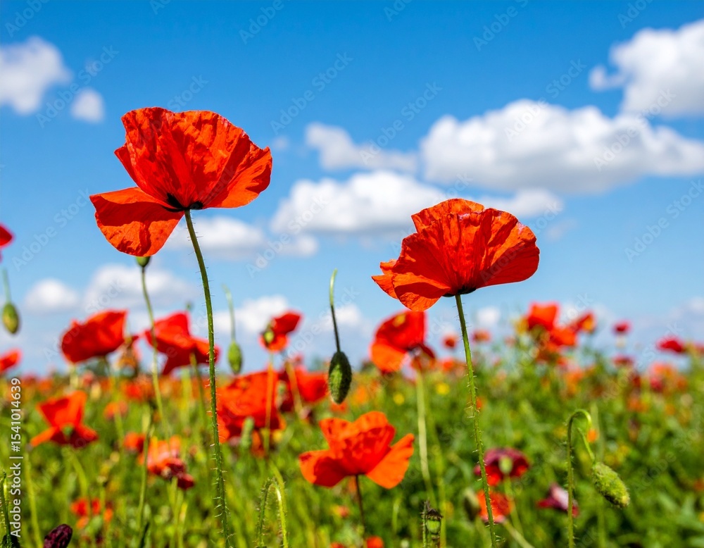 Naklejka premium Vibrant red poppies blooming in a wide open field under a bright summer sun, deep blue sky