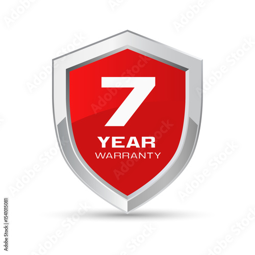 7 year warranty silver metal shield in red color vector illustration. Seven year warranty protection icon. Metallic security badge. Red glossy metal emblem.