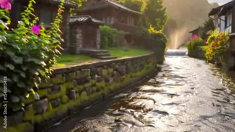 Serene flowing river landscape with cherry blossom trees in full bloom Serene flowing river landscape with cherry blossom trees in full bloom