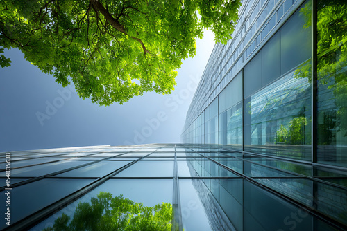 Green architecture concept of modern glass building with tree reflection in urban environment