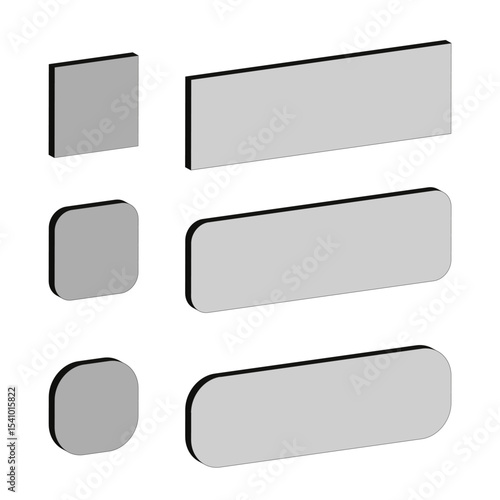 Rounded shape icon. Rectangle block vector. Isometric gray panel. 3D form element.