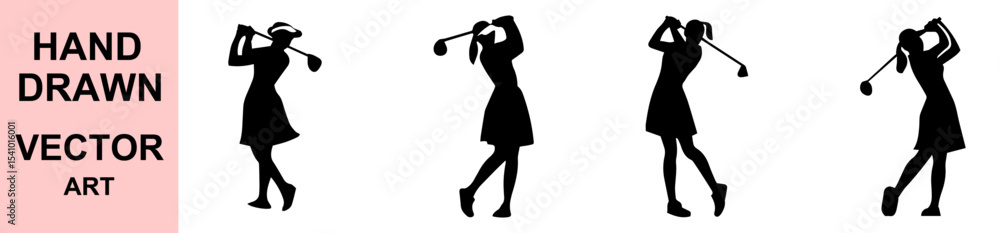 Fototapeta premium Hand drawn female golfer silhouette swinging golf club illustration vector set for sports, hobby, outdoor activity, fitness, motion, and lifestyle themes.