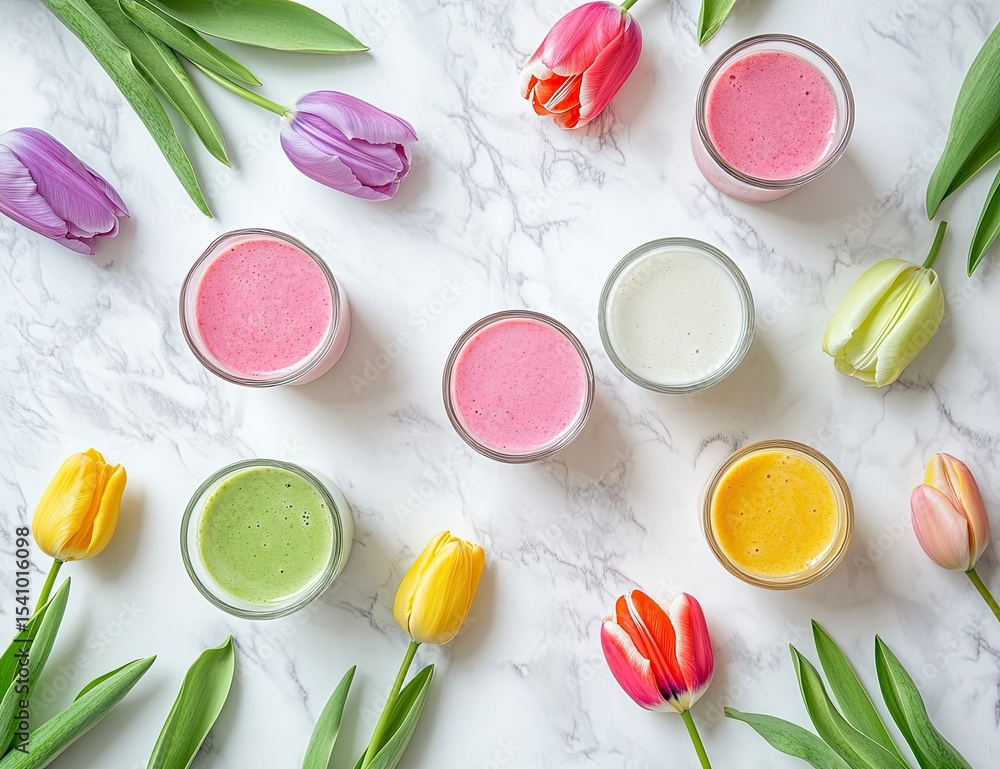 Naklejka premium Colorful smoothie glasses arranged on marble, with tulips