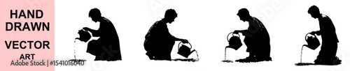 Hand drawn silhouette of a boy watering plants using a kettle, nature caring child garden vector illustration for eco, education, love, growth, and help.