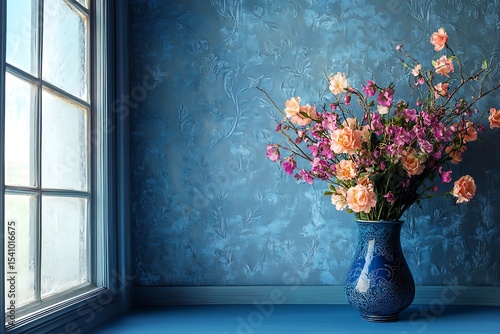 Wallpaper Mural Bouquet of flowers in blue vase on blue wall background Torontodigital.ca
