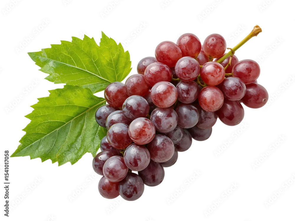 Fototapeta premium Fresh purple grapes with grape leaves and stems, plain white background,wine,sweet,green