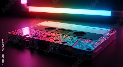 Retro Audio Cassette Tape with Colorful Light Leak and Neon Backlight Generative AI